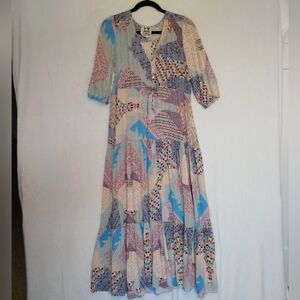 Jaase Purple Pink Tan Multicolor Patchwork Print Maxi Dress Bishop Sleeves Sz S